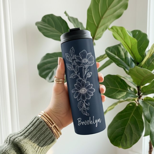 Garrafa Térmica Custom Blue Floral Tumbler Gift for Bridesmaids (Deep Blue Wildflower Tumbler Bridesmaid Gift for Her, Custom Floral Thermal Tumbler Gift for Women)