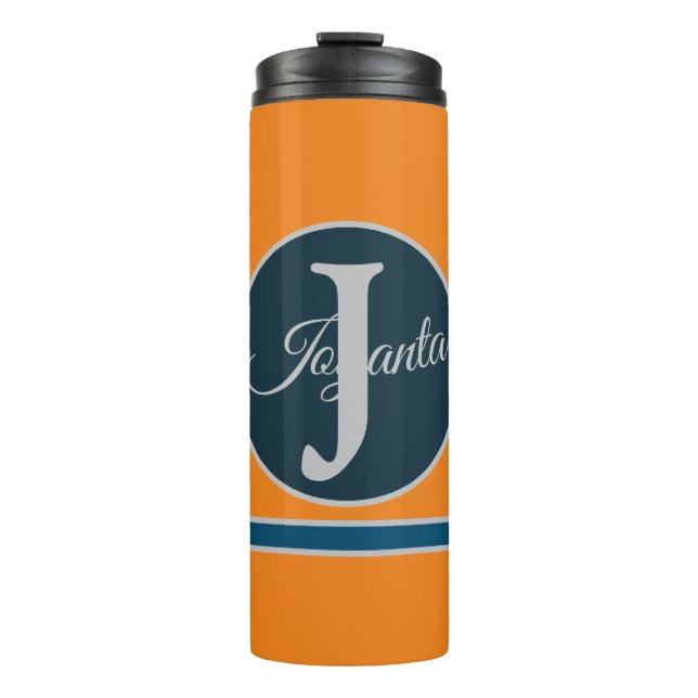 Garrafa Térmica Custom  orange greay blue Monogram Elegant (Frente)