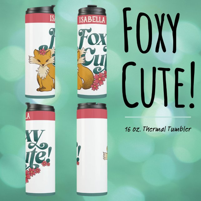 Garrafa Térmica Cuta Foxy com Flores ("Foxy Cute" 16 oz. Thermal Tumbler with Hand drawn Fox and Flower Artwork.)