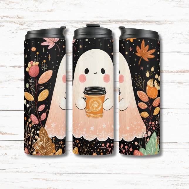 Garrafa Térmica Cute Autumn Ghost with Pumpkin Coffee – Cozy Fall  (Criador carregado)