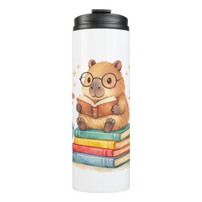 Garrafa Térmica Cute Capybara Reading Books Watercolor  (Frente)