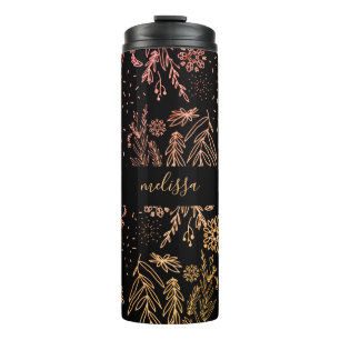 Garrafa Térmica Cute Girly Rosa Floral assinatura em Dourado