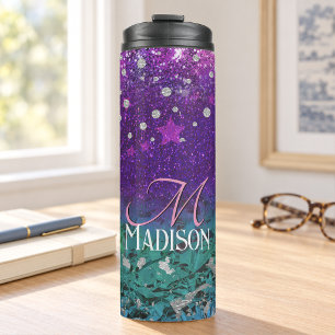 Garrafa Térmica Cute monograma com brilho ombre azul roxo