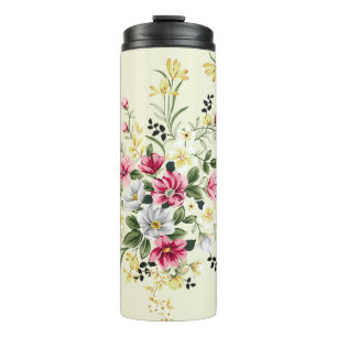Garrafa Térmica cute pink grey and yellow flowers with green leave