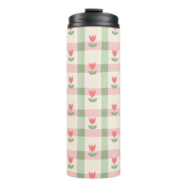 Garrafa Térmica Cute Tulip Checkered Pattern | Pastel Floral  (Frente)