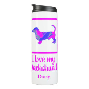 Garrafa Térmica Dachshund / Cachorro Daxie Rosa Quente e Silhueta