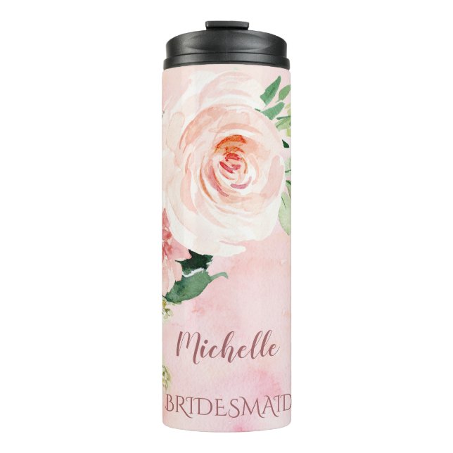 Garrafa Térmica Damas de honra Floral Rosa com Nome (Frente)