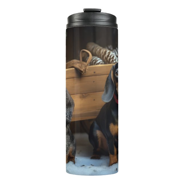 Garrafa Térmica Decoração de Natal Dachshund Snowy Sleigh (Frente)
