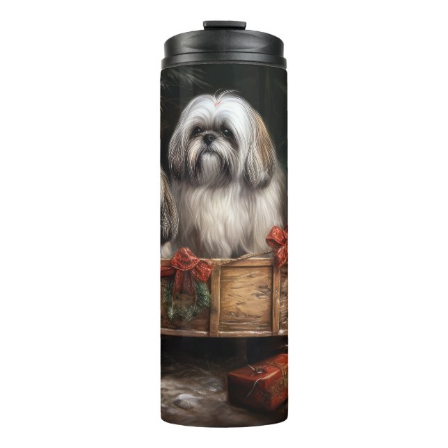 Garrafa Térmica Decoração de Natal de Lhasa Apso Snowy Sleigh (Frente)