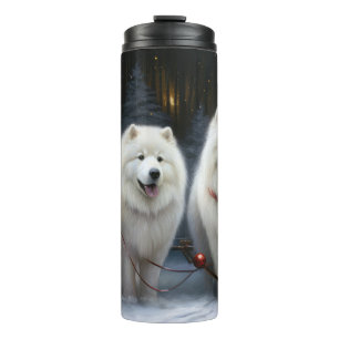 Garrafa Térmica Decoração de Natal Samoyed Snowy Sleigh