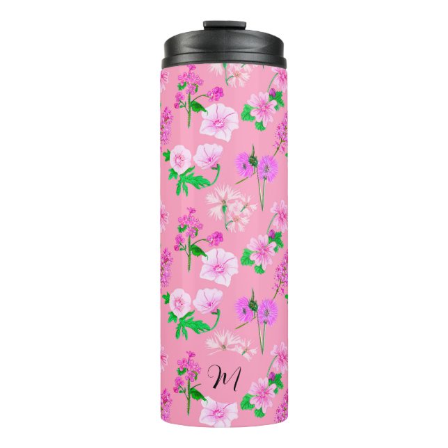 Garrafa Térmica Delicar flores silvestres em rosa macio. Personali (Frente)