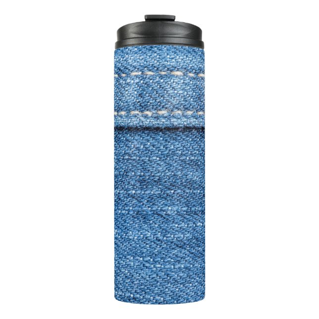 Garrafa Térmica Denim Blue: Textura clássica de Jeans. (Frente)