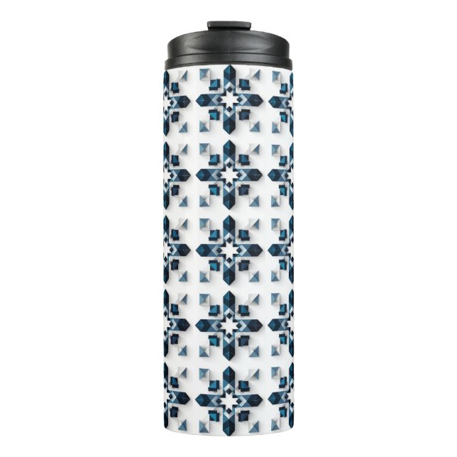 Garrafa Térmica Desenho Abstrato Geométrico em Azul e Branco (Frente)