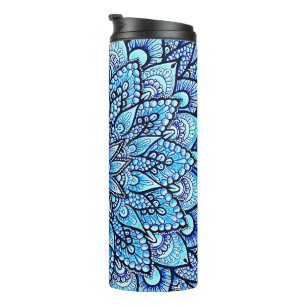 Garrafa Térmica Desenho de Mandala Colorido Azul Desenhado à Mão