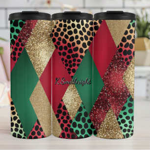 Garrafa Térmica Desenho de Remendo com Brilho de Leopardo de Natal