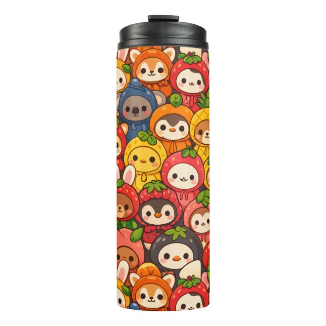 Garrafa Térmica Desfile de Amigos Frutas | Chibi Animal Fofo (Frente)