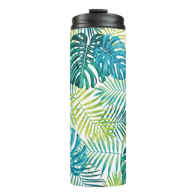 Garrafa Térmica Design de folha tropical com palma verde/azul e (Frente)