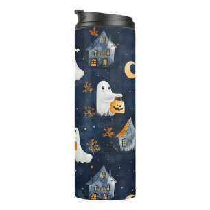 Garrafa Térmica Design de Halloween bonito com fantasmas e abóbora