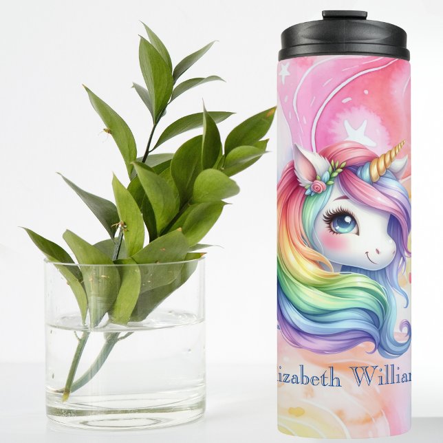 Garrafa Térmica Design do Rainbow Unicorn com nome personalizado (Criador carregado)