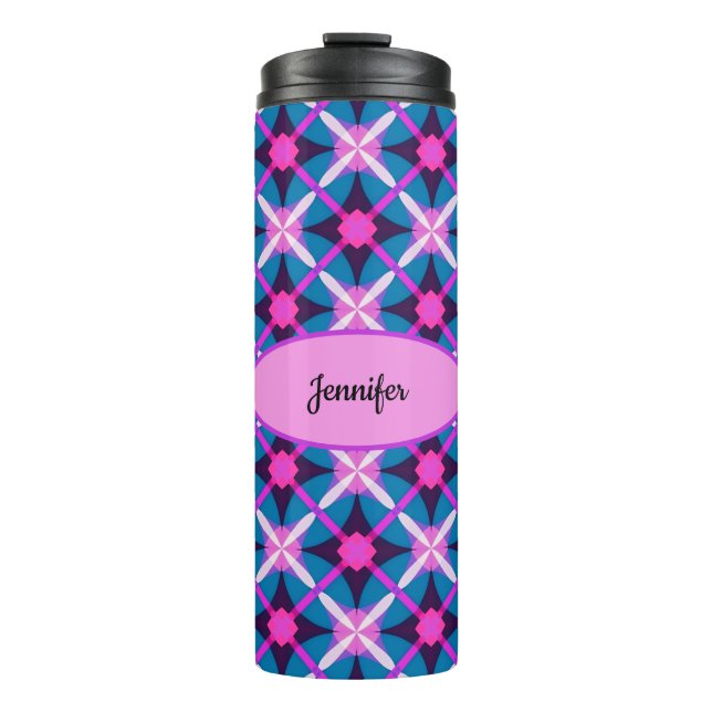 Garrafa Térmica Design Geométrico Retro em Rosa, Roxo e Azul -  (Frente)