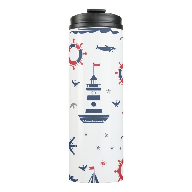 Garrafa Térmica Design náutica azul, branco e vermelho (Frente)