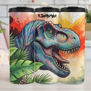 Garrafa Térmica Dinossauro Colorido Folhas Tropicais Rugindo