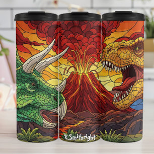 Garrafa Térmica Dinossauros Vulcão Vidro Colorido Batalha