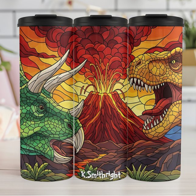 Garrafa Térmica Dinossauros Vulcão Vidro Colorido Batalha (Criador carregado)