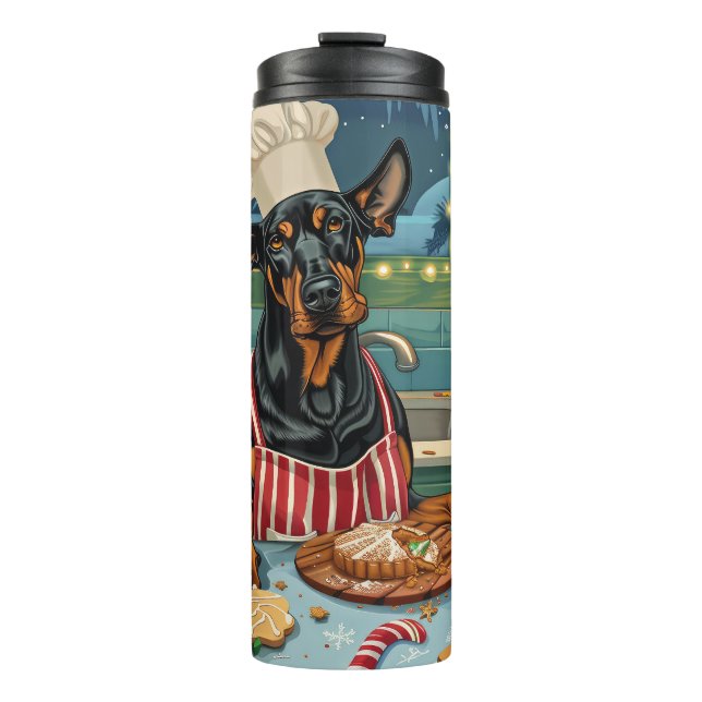 Garrafa Térmica Doberman Pinscher Holiday Baking Festivo Natal (Frente)