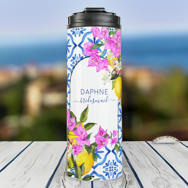Garrafa Térmica Dons de Bridesmaid azulejos azuis bougainvilleas p (Bridesmaid gifts blue tiles bougainvilleas custom thermal tumbler)