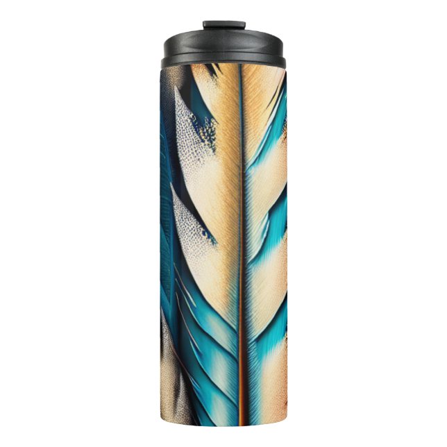 Garrafa Térmica Dourada e Teal Feather Art (Frente)