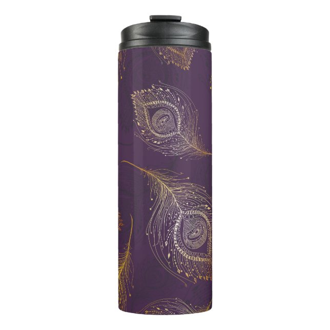 Garrafa Térmica Dourada pena de pavão, fundo violeta. (Frente)