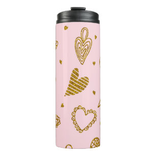 Garrafa Térmica Dourado brilho dos corações: padrão de fundo rosa
