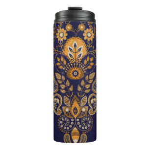 Garrafa Térmica Dourado e azul, padrão floral sem costura.