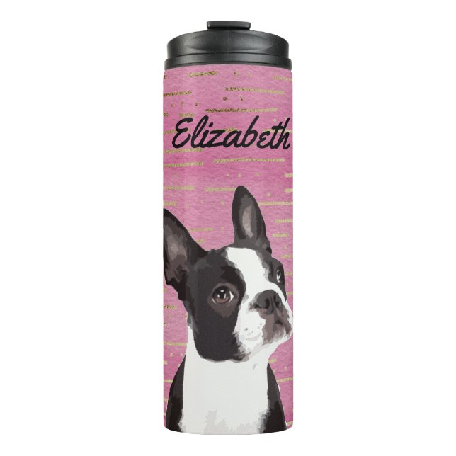 Garrafa Térmica Dourado rosa Boston Terrier Dog Lover Nome Animal (Frente)