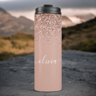 Garrafa Térmica Dourado Rosa Brilho Rosa Glitter Monograma Nome Fe