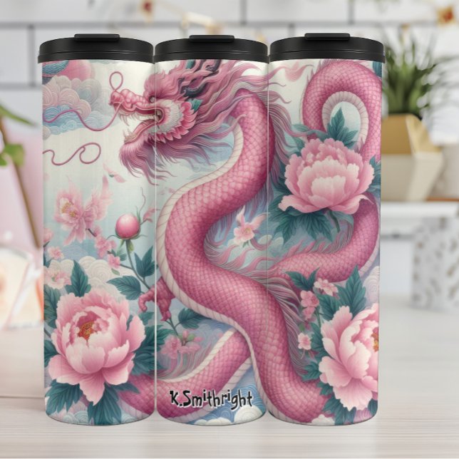 Garrafa Térmica Dragão Rosa Elegante com Peônias (Criador carregado)