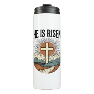 Garrafa Térmica Ele Ressuscitou Cruz Nascer do Sol Camiseta Cristã