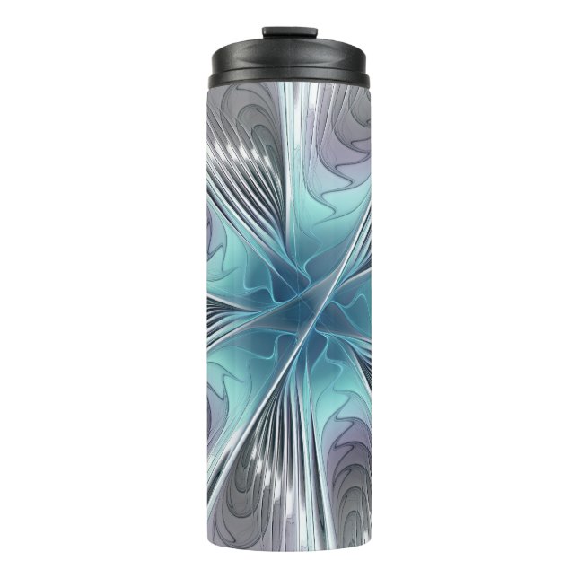 Garrafa Térmica Elegance Modern Blue Cinza White Fractal Art Flowe (Frente)