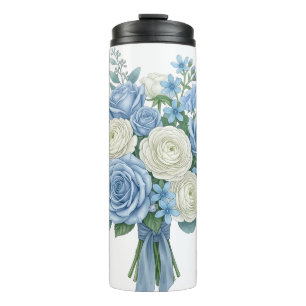 Garrafa Térmica Elegante Buquê Floral Azul e Branco em Aquarela B