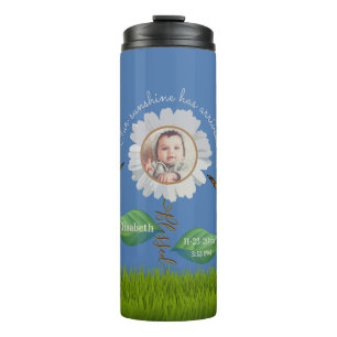 Garrafa Térmica Elegante Daisy Blue Floral Cute Baby Photo e Name