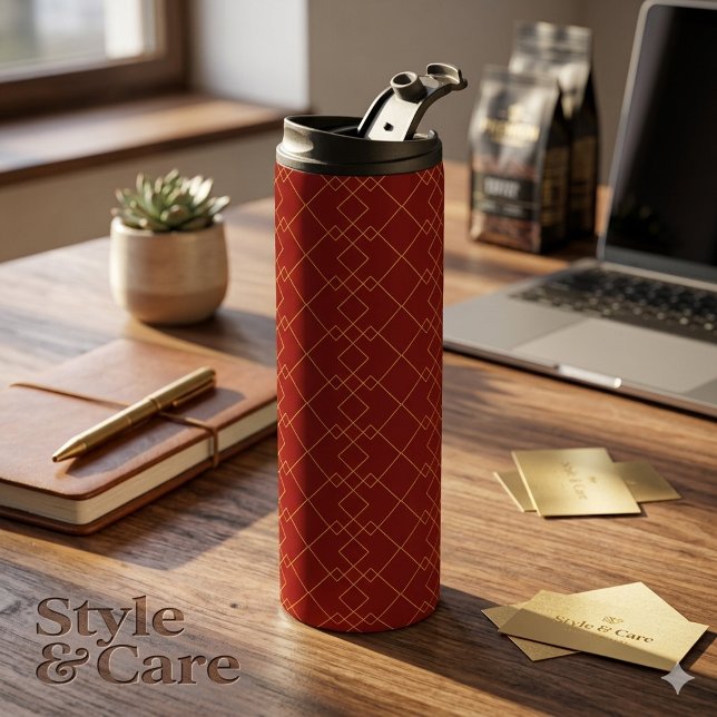 Garrafa Térmica Elegante Design de Caixa Geométrica Dourada Vermel (Stylish Gold Geometric Box Design Deep Red Thermal Tumbler)