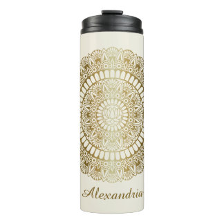 Garrafa Térmica Elegante Dourado em Cream Lotus Henna Mandala