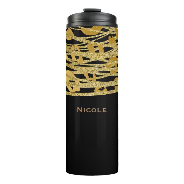 Garrafa Térmica Elegante Estampa de Leopardo Glitter Preto e Doura (Frente)