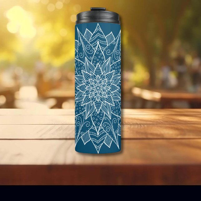 Garrafa Térmica Elegante Mandala Floral Azul (Criador carregado)