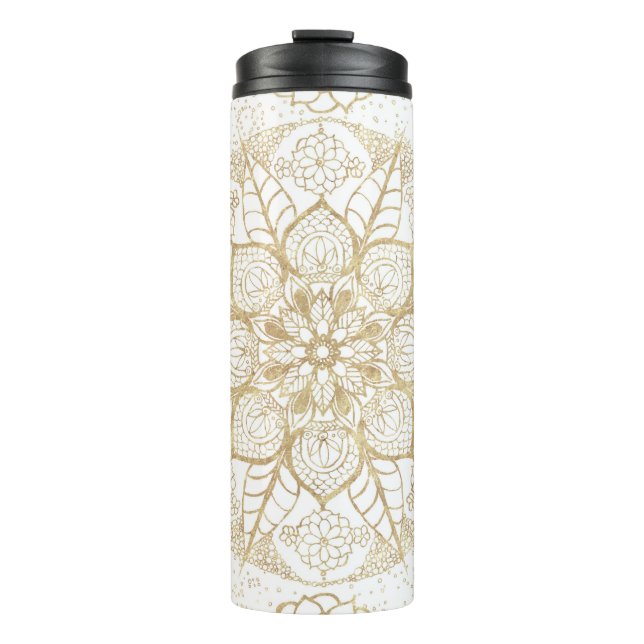 Garrafa Térmica Elegante Mandala Floral Boho Branco Dourado (Frente)