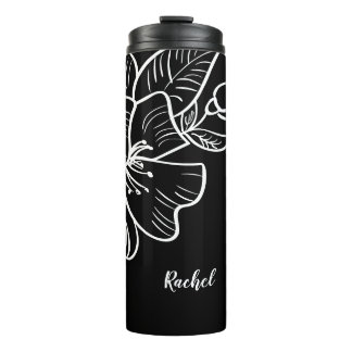 Garrafa Térmica Elegante Nome Personalizado Preto e Branco Floral 