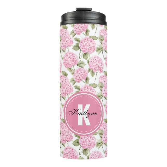 Garrafa Térmica Elegante Padrão de Flores de Hortênsia Rosa com Mo (Frente)