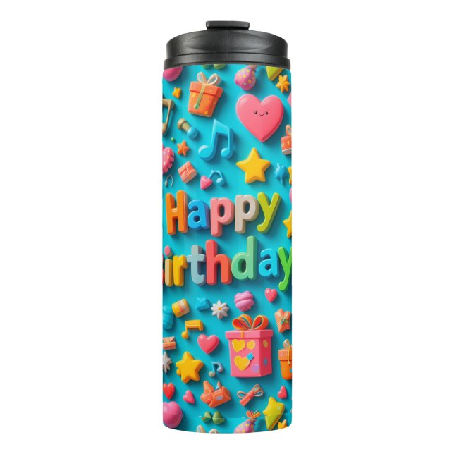 Garrafa Térmica Elementos Coloridos de Celebração de Aniversário (Frente)