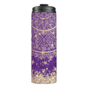 Garrafa Térmica Encantando Mandala com Douradas Estrelas em Roxo